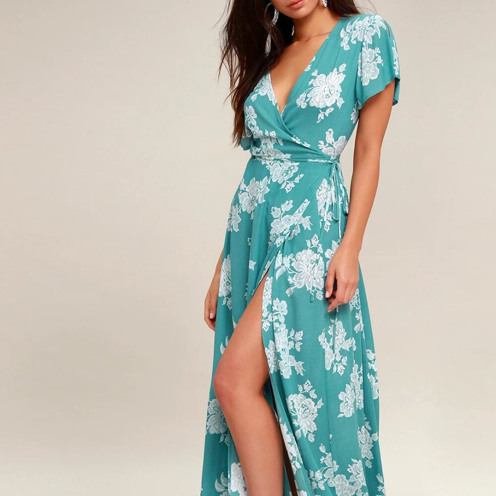 Lulus Heart of Marigold Turquoise Floral Print Wrap Maxi Dress size L